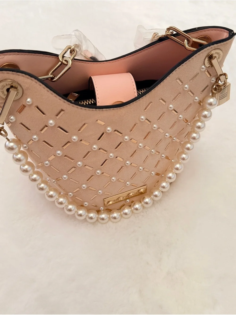 Small River Island Pink Pearl-Trim Crossbody Bucket Bag